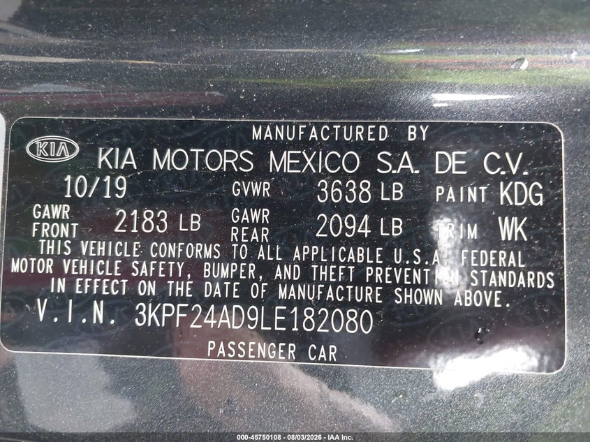 2020 KIA FORTE SEDAN 2.0L I-4 DOHC, VVT, 147HP