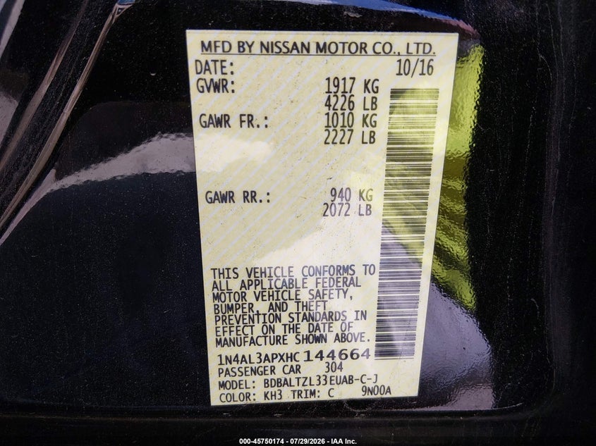 NISSAN ALTIMA 2017 VIN 1N4AL3APXHC144664
