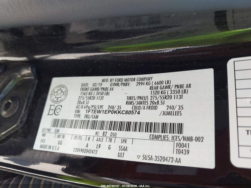 2019 FORD F-150 TRUCK 2.7L V-6 DI, DOHC, VVT, TURBO, 325HP