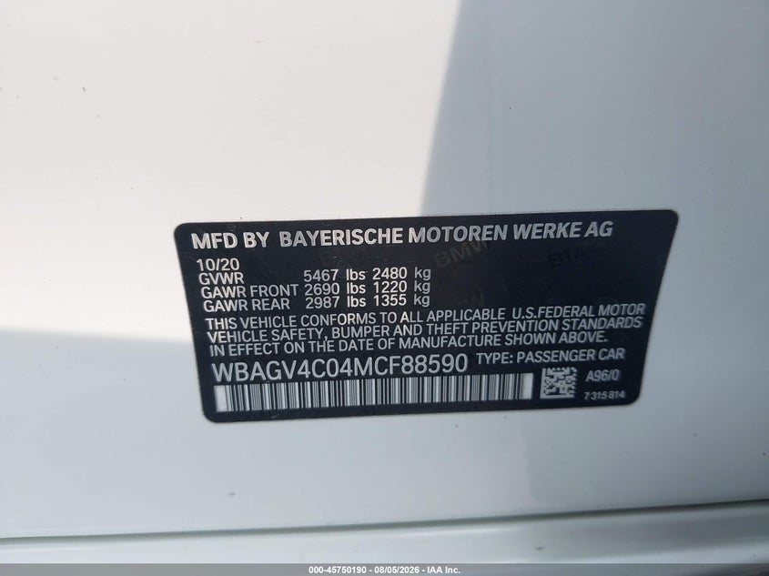 BMW 840I GRAN COUPE 2021 VIN WBAGV4C04MCF88590