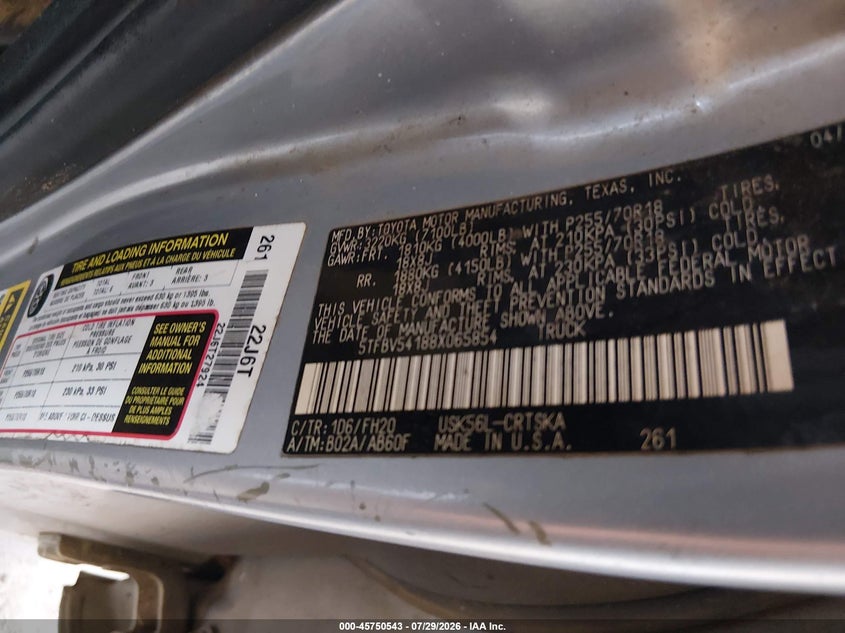 TOYOTA TUNDRA 2008 VIN 5TFBV54188X065854