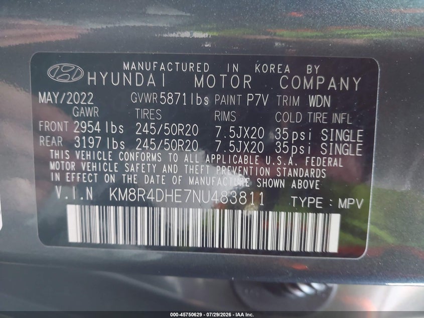 HYUNDAI PALISADE 2022 VIN KM8R4DHE7NU483811