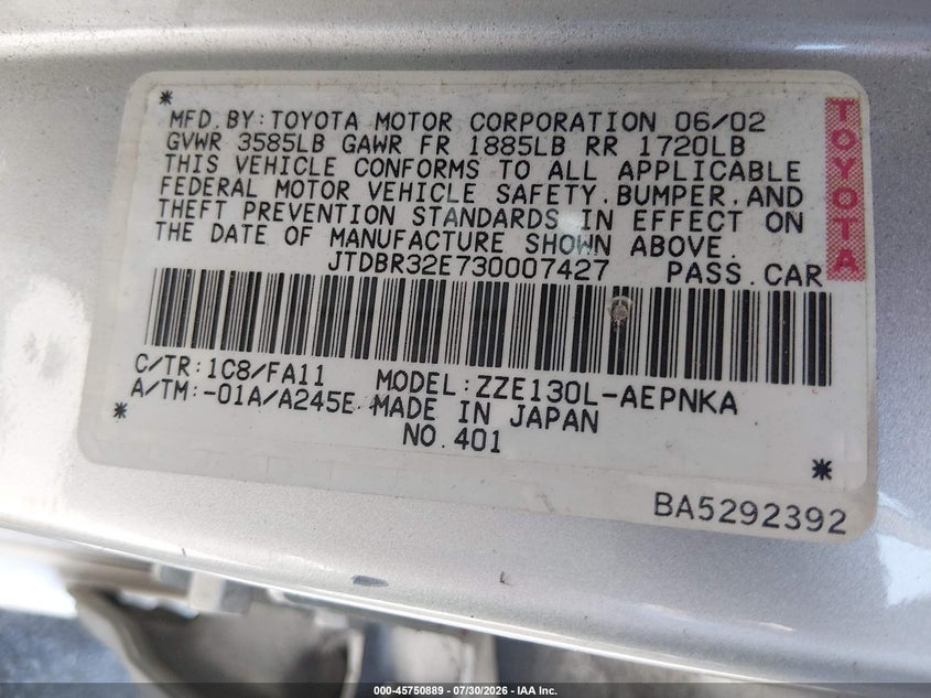 2003 TOYOTA COROLLA SEDAN 1.8L I-4 DOHC, VVT, 130HP