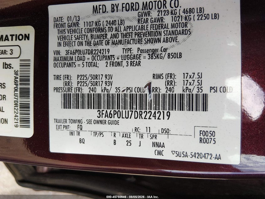 2013 FORD FUSION SEDAN 2.0L I-4 DOHC, VVT, 141HP