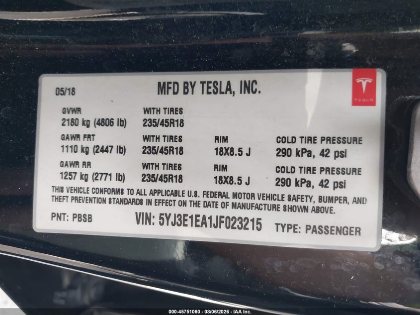 TESLA MODEL 3 2018 VIN 5YJ3E1EA1JF023215
