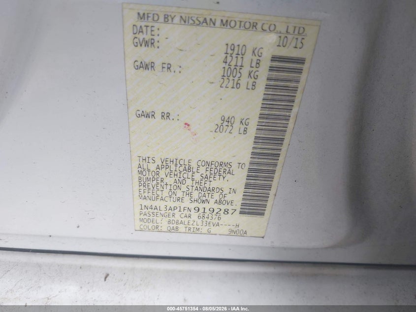 NISSAN ALTIMA 2015 VIN 1N4AL3AP1FN919287