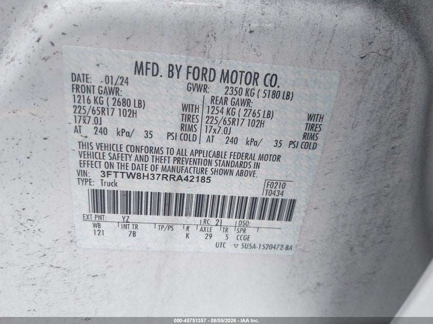 Vin: 3fttw8h37rra42185, lot: 46250079, ford maverick xlt 20244