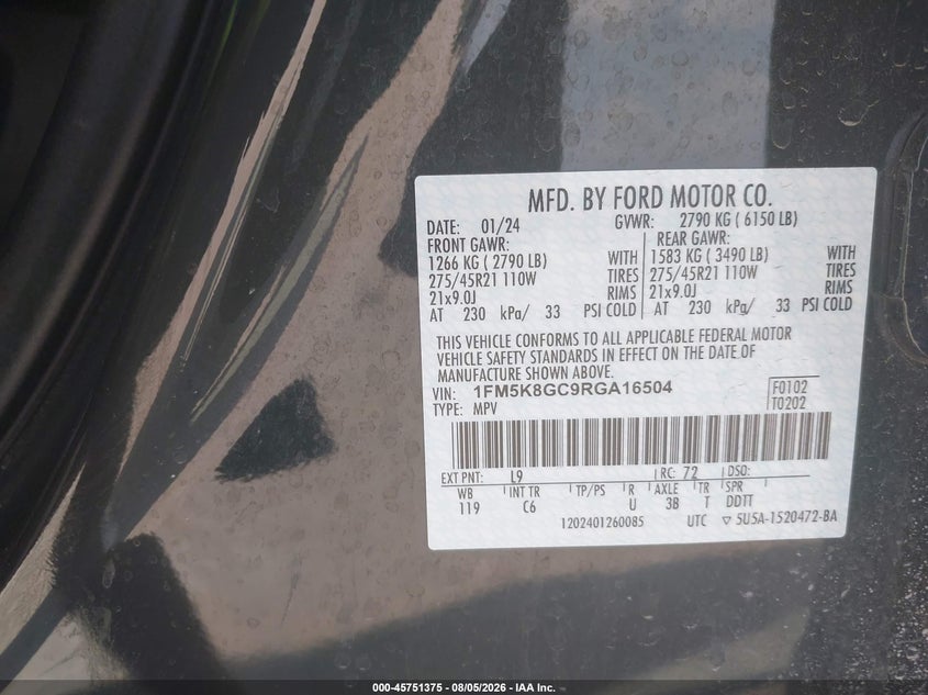 FORD EXPLORER 2024 VIN 1FM5K8GC9RGA16504