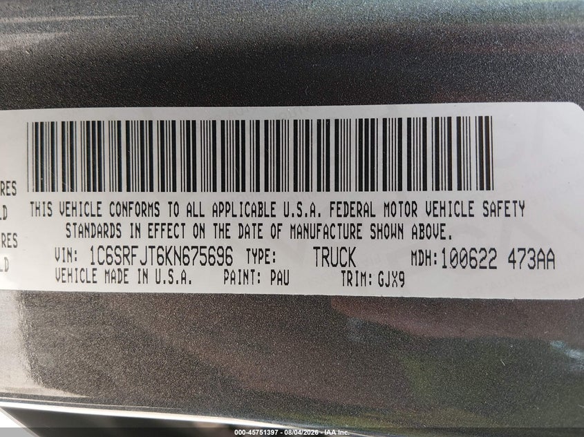 2019 RAM 1500 PICKUP 5.7L V-8 VVT, 395HP