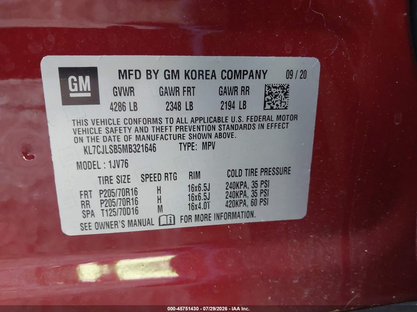 CHEVROLET TRAX 2021 VIN KL7CJLSB5MB321646