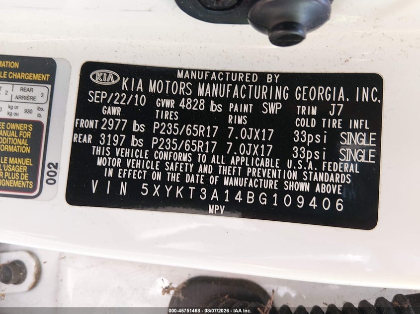 KIA SORENTO 2011 VIN 5XYKT3A14BG109406