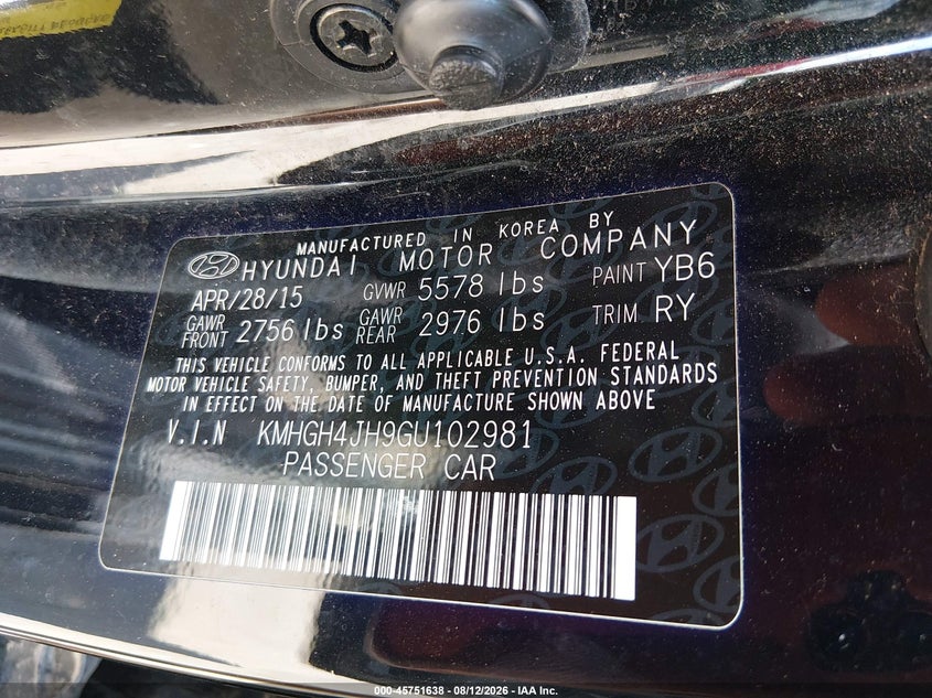 HYUNDAI EQUUS 2016 VIN KMHGH4JH9GU102981