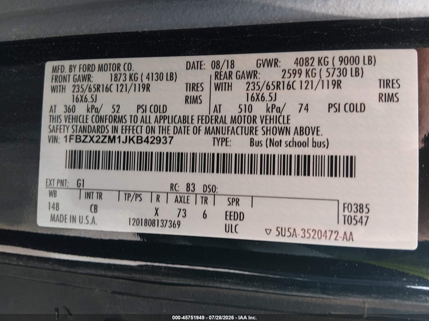 FORD TRANSIT-350 2018 VIN 1FBZX2ZM1JKB42937