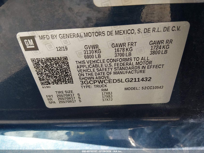 CHEVROLET SILVERADO 1500 2020 VIN 3GCPWCED5LG211432