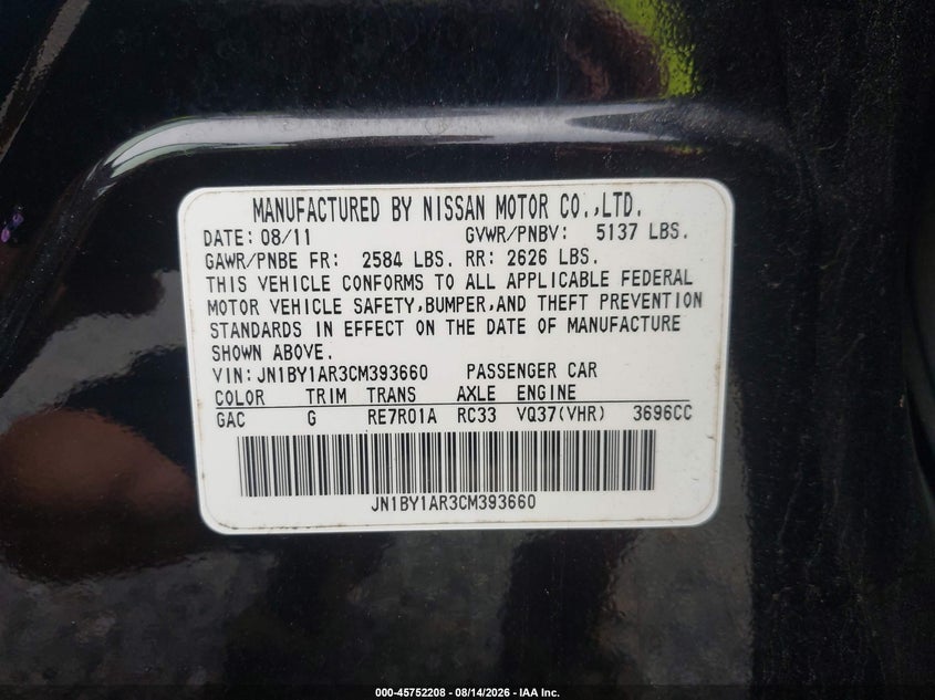 INFINITI M37X 2012 VIN JN1BY1AR3CM393660
