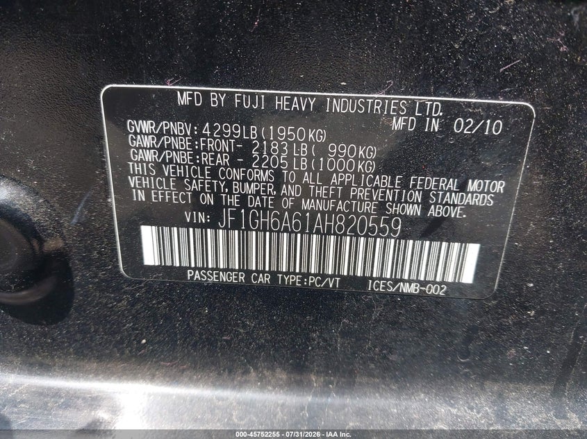 2010 SUBARU IMPREZA HATCHBACK 2.5L H-4 VVT, 170HP