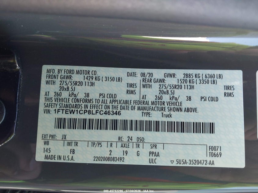 FORD F-150 2020 VIN 1FTEW1CP8LFC46346