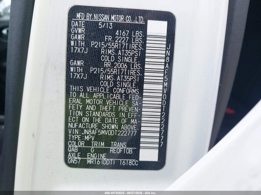 NISSAN JUKE 2013 VIN JN8AF5MV0DT222777