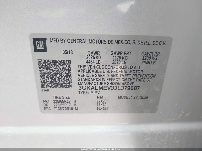 GMC TERRAIN 2018 VIN 3GKALMEV3JL379687