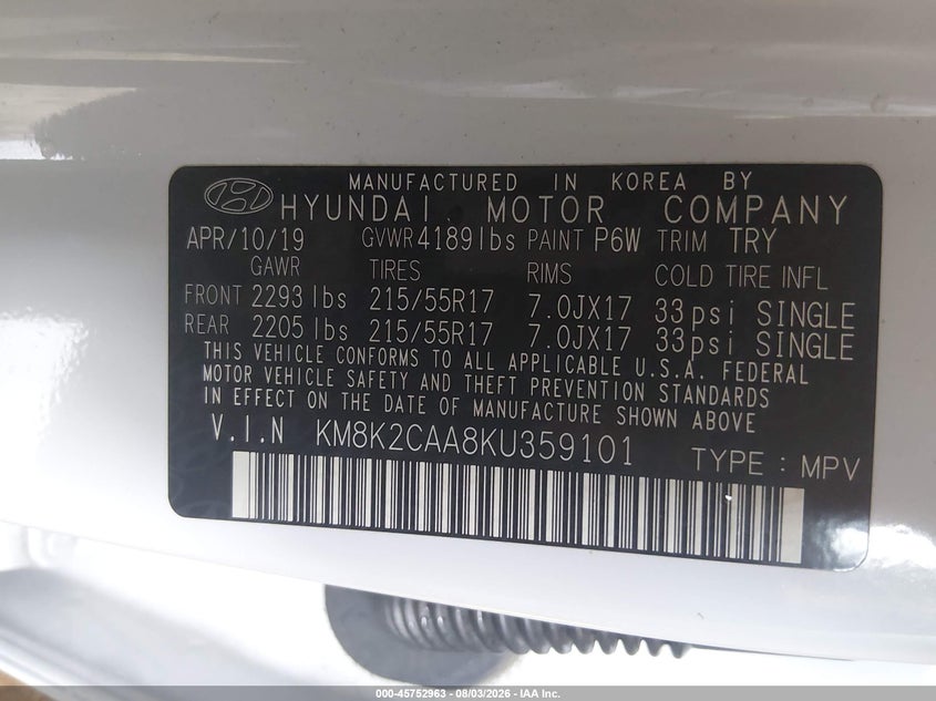 HYUNDAI KONA 2019 VIN KM8K2CAA8KU359101