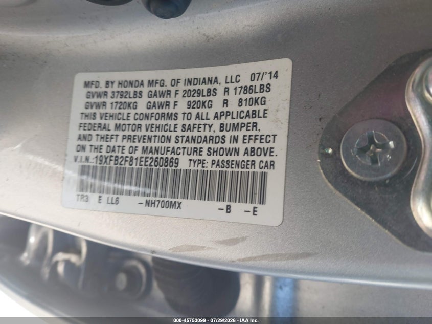 2014 HONDA CIVIC SEDAN 1.8L I-4 VVT, 143HP