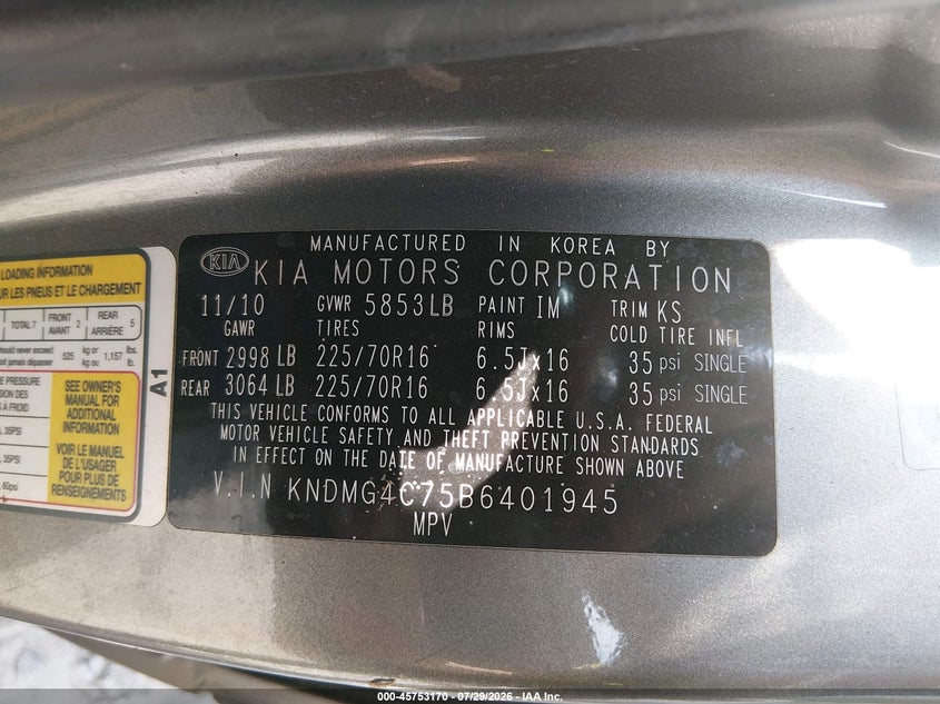2011 KIA SEDONA VAN 3.5L V-6 DOHC, VVT, 271HP