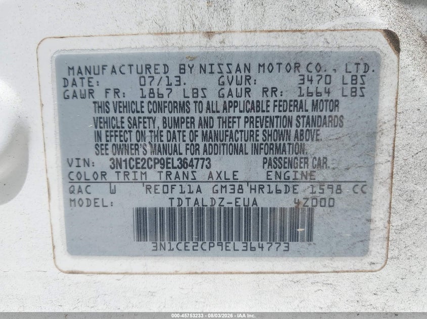 2014 NISSAN VERSA HATCHBACK 1.6L I4 FI DOHC 16V NF4