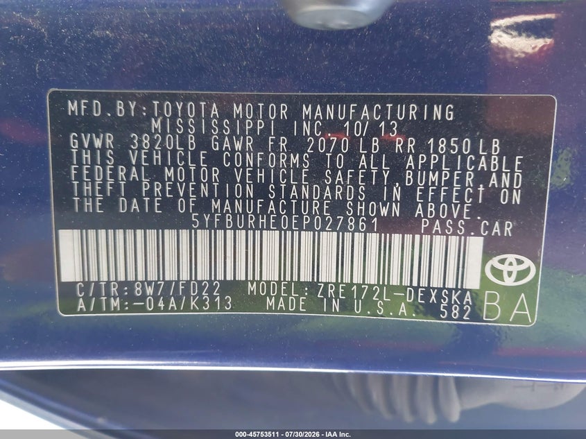 2014 TOYOTA COROLLA SEDAN 1.8L I-4 DOHC, VVT, 132HP