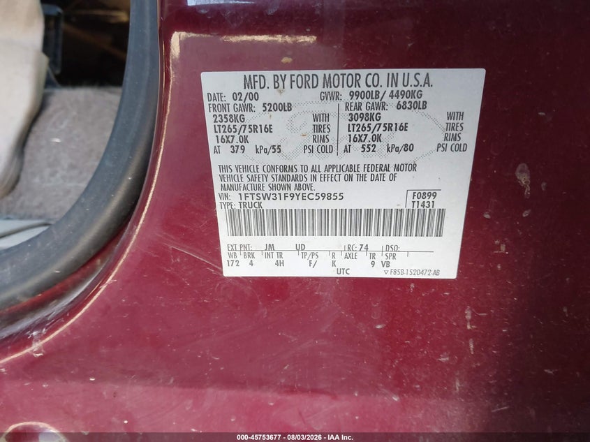 2000 FORD F350 PICKUP 7.3L V-8 DI, TURBO, 235HP
