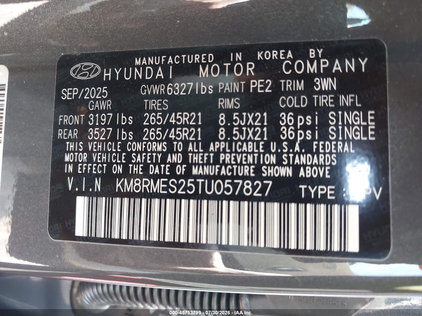 HYUNDAI PALISADE 2026 VIN KM8RMES25TU057827