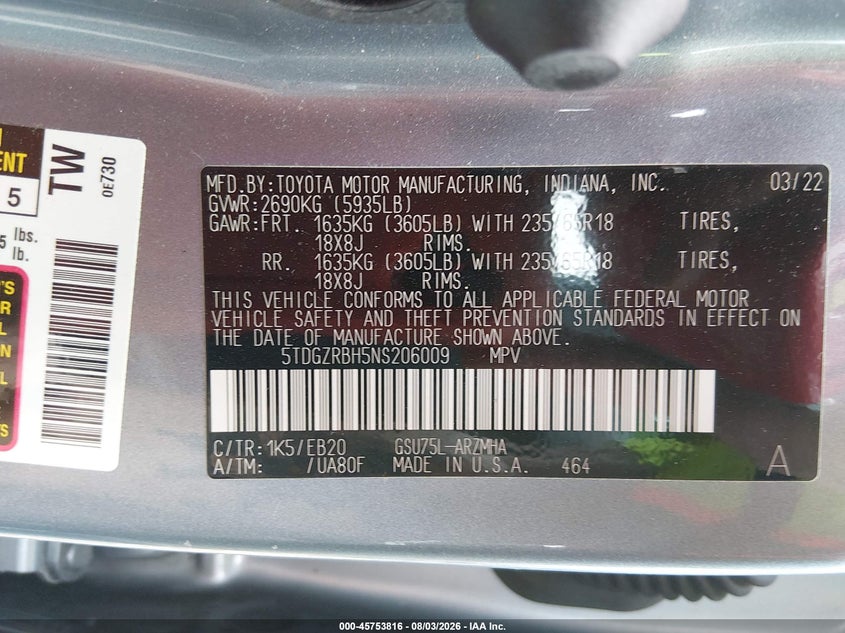 TOYOTA HIGHLANDER 2022 VIN 5TDGZRBH5NS206009