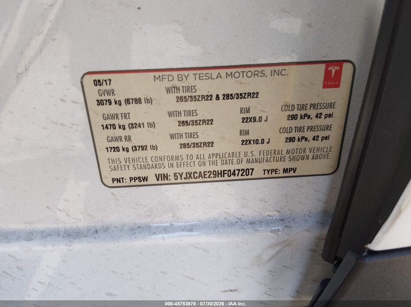 TESLA MODEL X 2017 VIN 5YJXCAE29HF047207