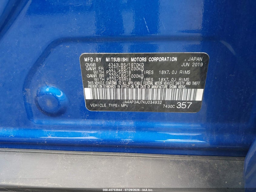 MITSUBISHI OUTLANDER SPORT 2019 VIN JA4AP3AU7KU034932