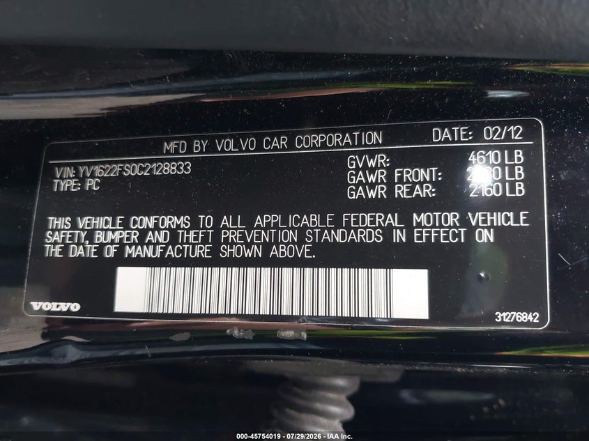 VOLVO S60 2012 VIN YV1622FS0C2128833