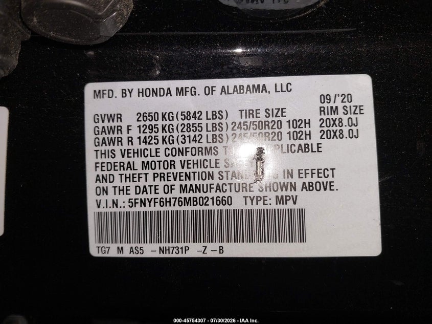 HONDA PILOT 2021 VIN 5FNYF6H76MB021660