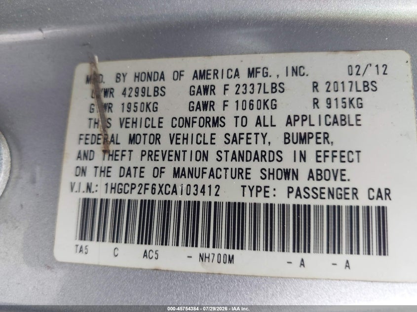 2012 HONDA ACCORD SEDAN 2.4L I-4 DOHC, VVT, 177HP