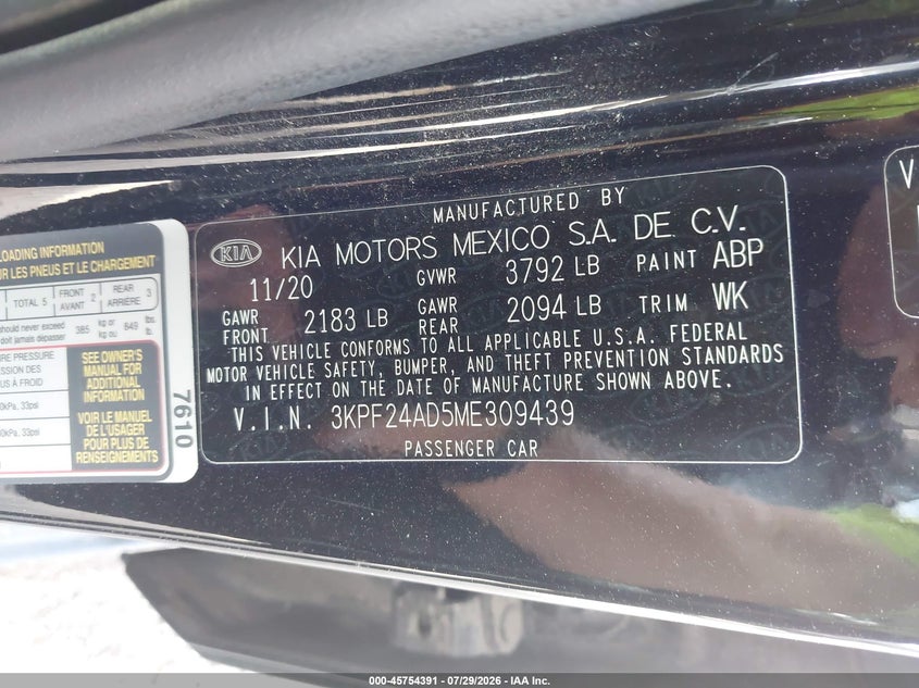 KIA FORTE 2021 VIN 3KPF24AD5ME309439