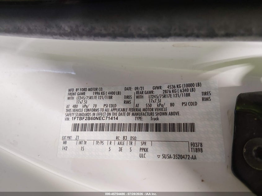 FORD F-250 2022 VIN 1FTBF2B60NEC71414