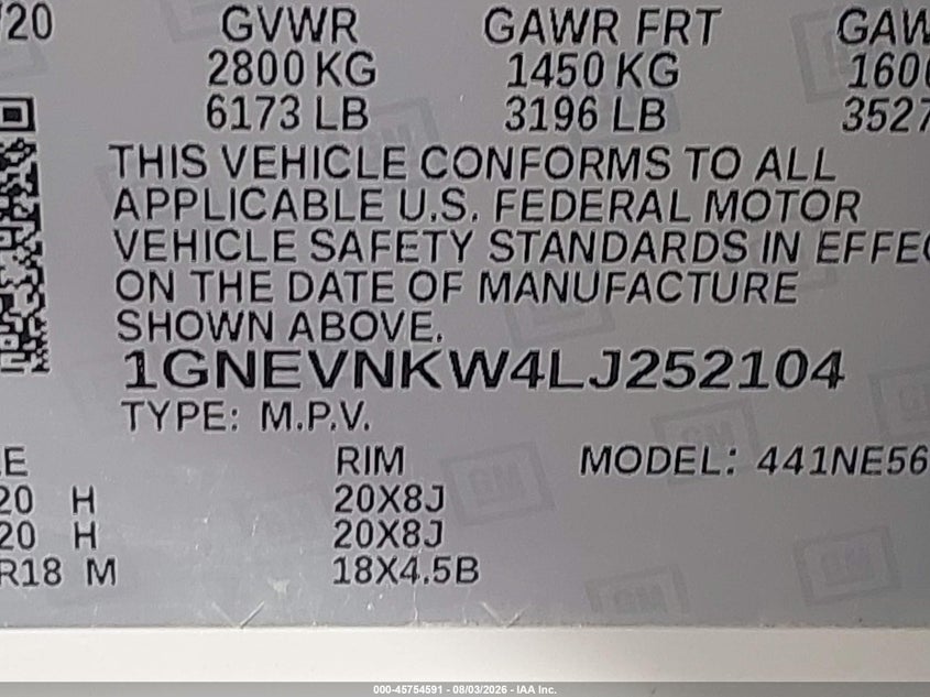 CHEVROLET TRAVERSE 2020 VIN 1GNEVNKW4LJ252104