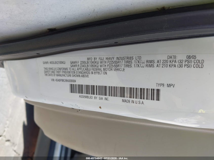 SUBARU OUTBACK 2006 VIN 4S4BP86C664309084