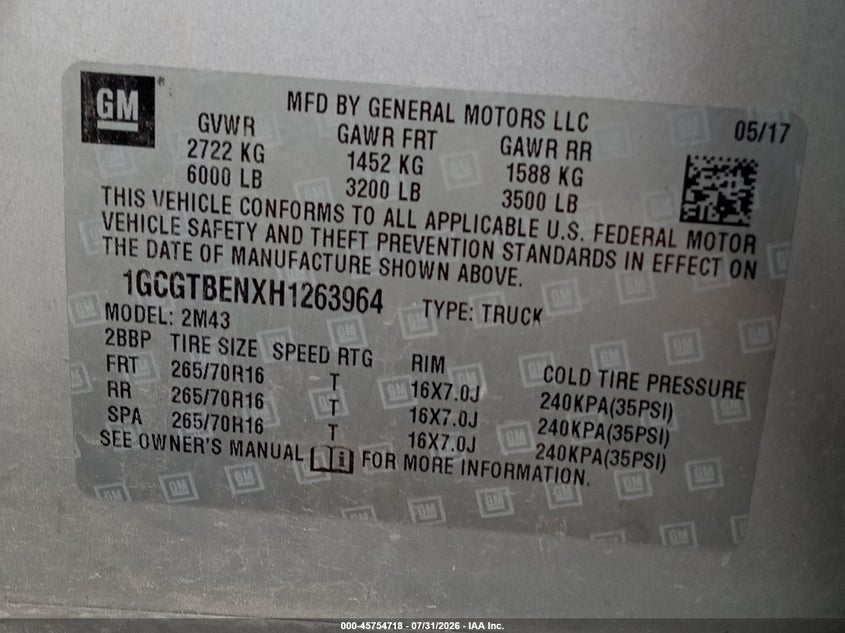 2017 CHEVROLET COLORADO VIN 1GCGTBENXH1263964 nuotrauka 8