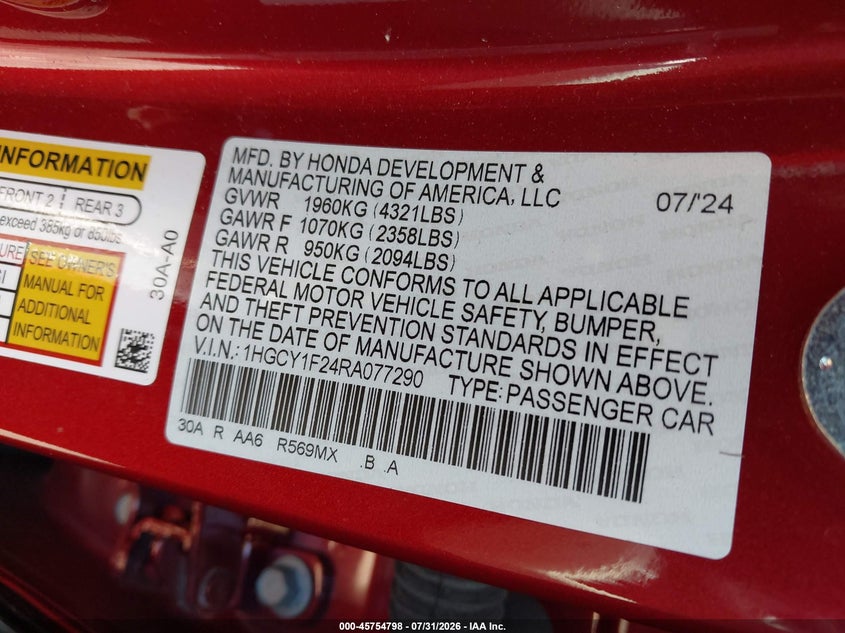 HONDA ACCORD 2024 VIN 1HGCY1F24RA077290