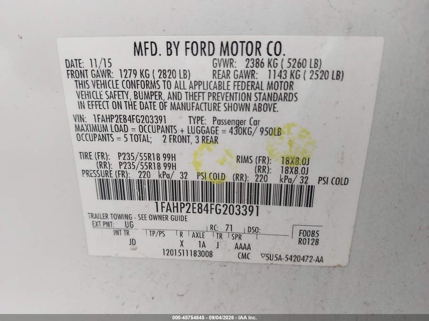 FORD TAURUS 2015 VIN 1FAHP2E84FG203391