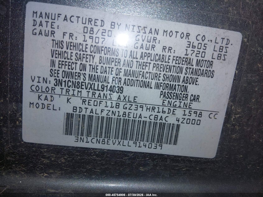 NISSAN VERSA 2020 VIN 3N1CN8EVXLL914039