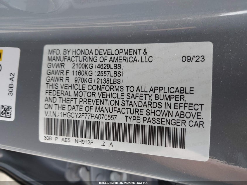 HONDA ACCORD HYBRID 2023 VIN 1HGCY2F77PA070557