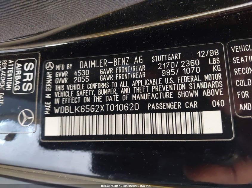 MERCEDES-BENZ CLK 320 1999 VIN WDBLK65G2XT010620
