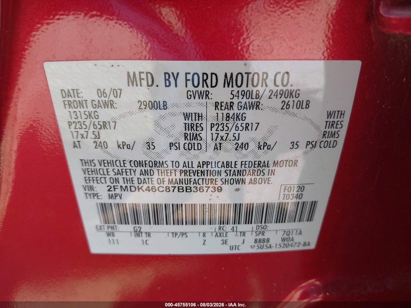 FORD EDGE 2007 VIN 2FMDK46C87BB36739