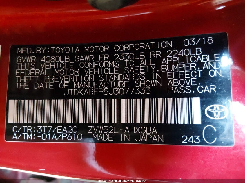 TOYOTA PRIUS PRIME 2018 VIN JTDKARFP5J3077333