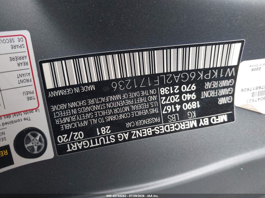 MERCEDES-BENZ AMG SLC 43 2020 VIN W1KPK6GA2LF171236