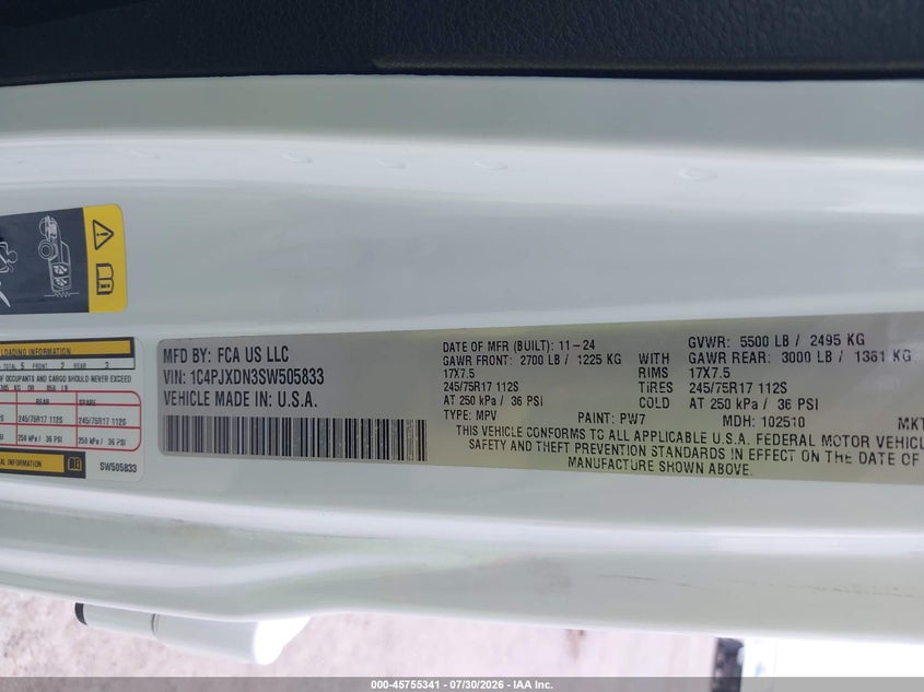 JEEP WRANGLER 2025 VIN 1C4PJXDN3SW505833